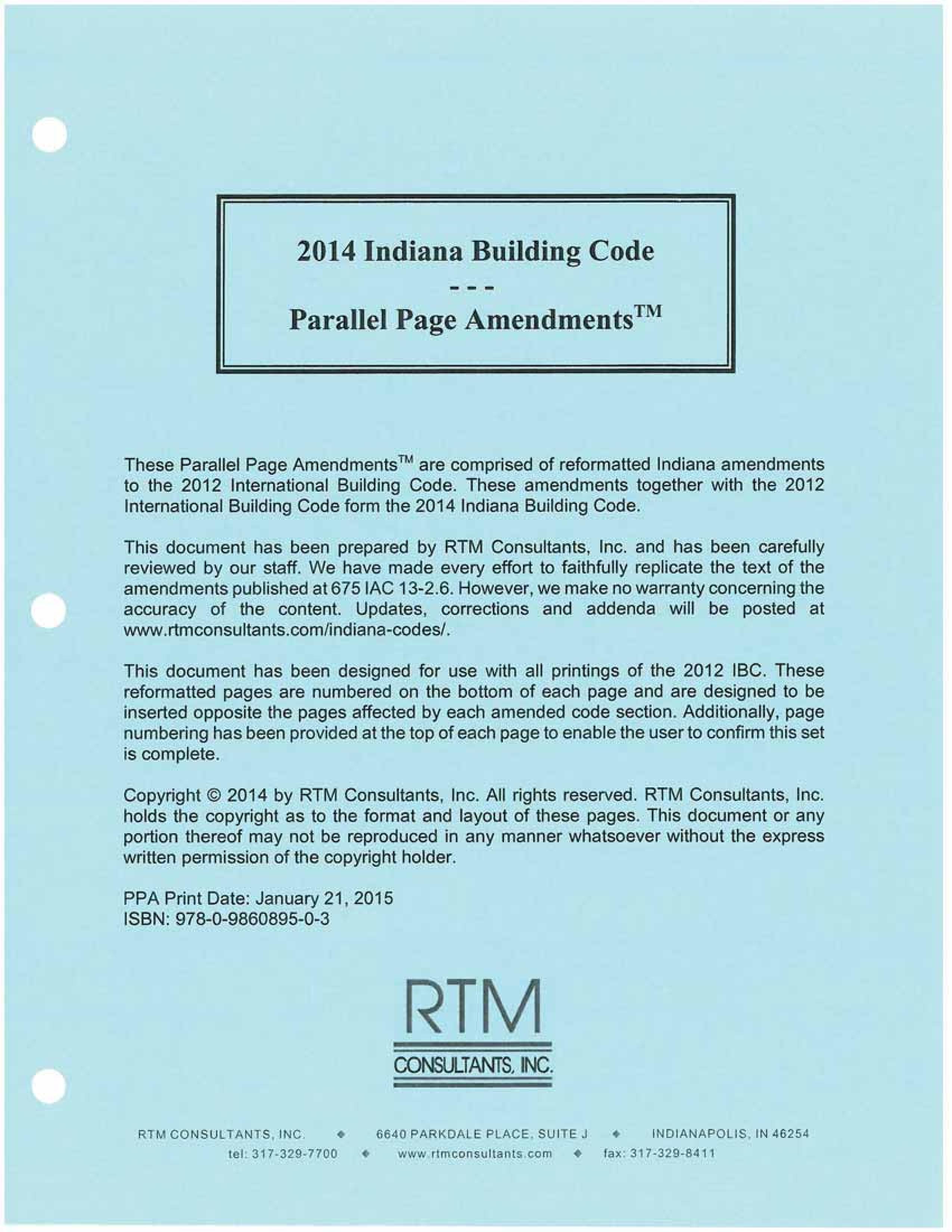 Cover Page - Indiana Building Code Parallel Page Amendments 2014